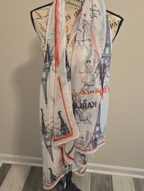 Karl Lagerfeld White Scarf with Black Paris Sketches and Orange Trim